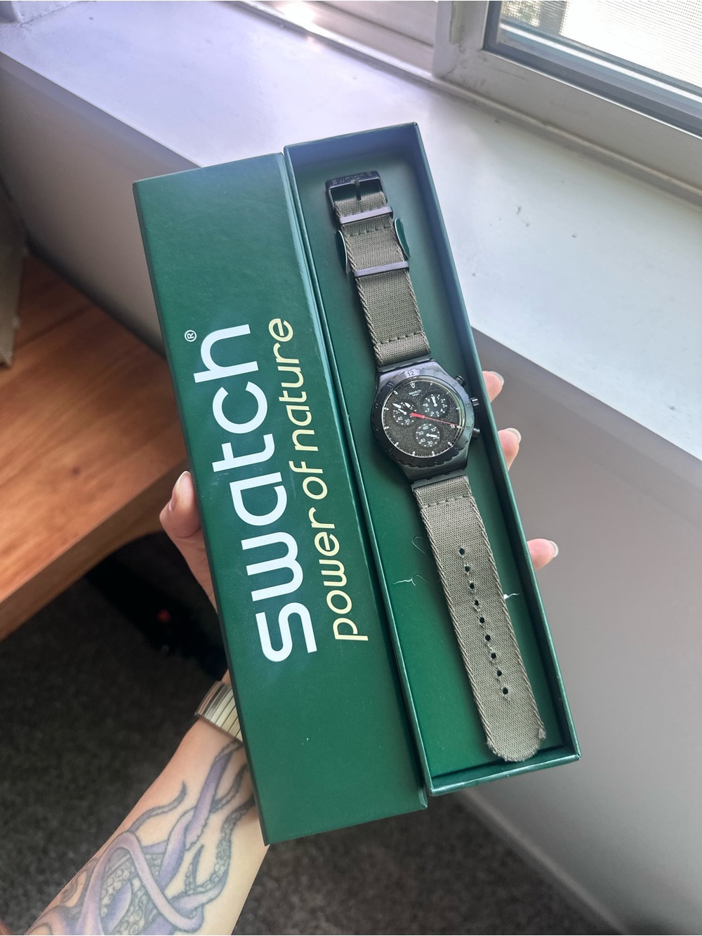 Swatch Olive Green Nylon Strap Chronograph with Black Dial